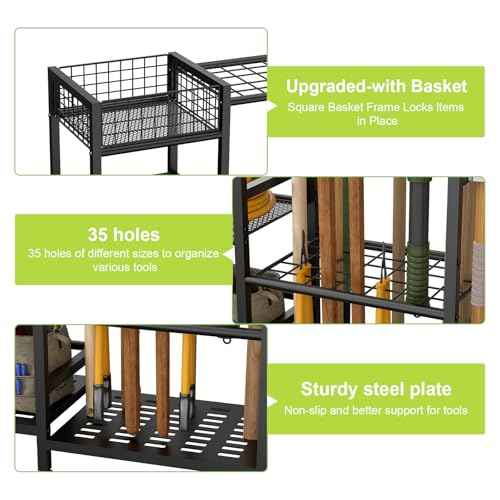 keomaisyto Garden Tool Organizer With Basket - 3 Tier Yard Storage Rack for Garage Organization, Heavy Duty Holder With 35 Long-Handled Slots for Shed, Yard, Garage