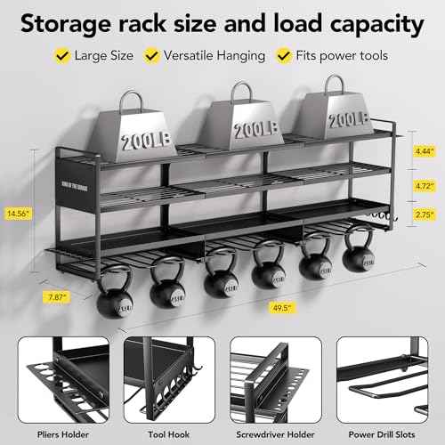 Power Tool Organizer Wall Mount with Charging Station, Cordless Tool Organizer, 12 Drill Holders 4-Tier Heavy Duty Drill Rack with 8-Outlet Power Strip, Garage Gift for Men
