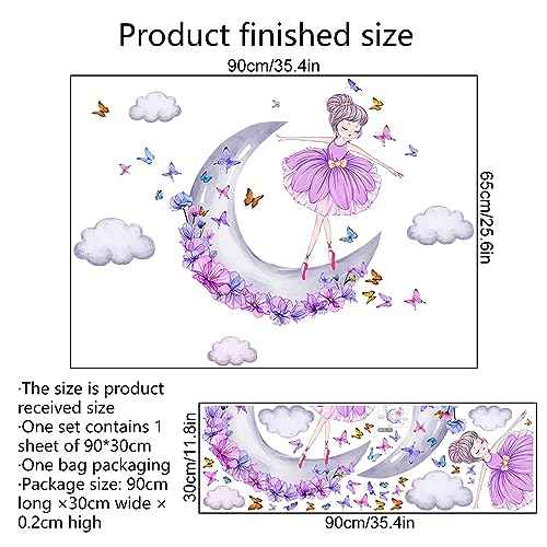 Lovely Purple Moon Girl and Clouds Butterfly Wall Stickers, sacinora Art Wall Decals Removable Vinyl Peel and Stick for Nursery Kids Baby Living Room Children's Room Bedroom Decorations
