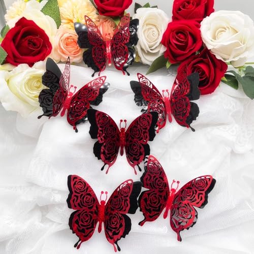 3D Butterfly Wall Decor Valentine's Rose Butterfly Sticker Decoration 3.85x4.6 inche Red Black Double Deck Removable Sticker for Birthday Holiday Party Decoration-6pcs