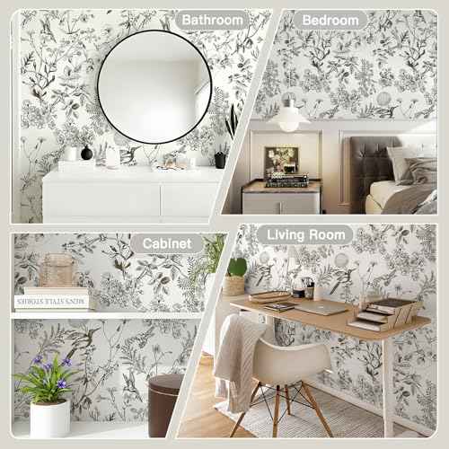 Safiyya Peel and Stick Wallpaper Floral Birds Contact Paper Black and White Wall Paper Peel and Stick Modern Boho Removable Self Adhesive Wallpaper Vinyl Rolls 118"x17.3"