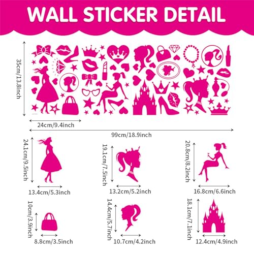 64PCS Pink Princess Stickers - Bedroom Wall Sticker Heart Shape Decoration Large Sticker Star Shape Sticker Gorgeous Girl Sticker for Wall Decor Fridge Decor Student Prize