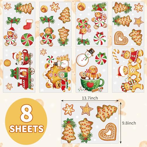 Christmas Wall Stickers Gingerbread Man House Xmas Tree Wall Stickers Peel and Stick Large Room Mural Decals for Winter Home Party Decoration, 8 Sheets