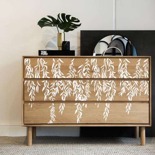 FINGERINSPIRE 3 PCS Willow Leaves Painting Stencil with a Paint Brush 8.3x11.7inch 3 Styles Weeping Leaves Stencil Leaves Vines Template for Painting on Wall Wood Furniture DIY Home Decoration