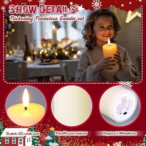 Retisee 8 Pcs Christmas LED Flameless Pillar Candles with Remote Battery Operated 3D Wick Flickering Fireplace Candle Indoor Decoration for Fall Christmas Winter, Ivory (4,6,8,and 10 Inches)