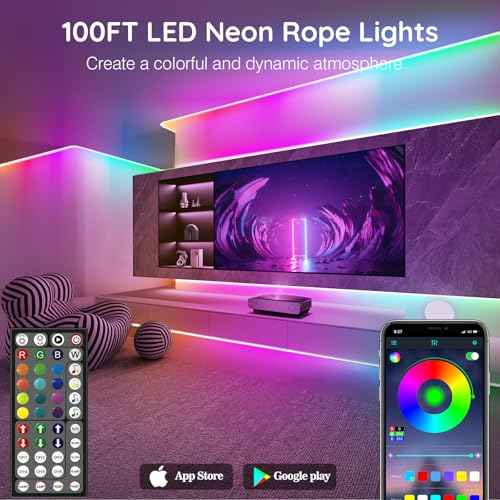 SINLEY Led Neon Rope Lights 100FT,Control with App/Remote,Flexible Led Rope Lights,Multiple Modes,IP68 Outdoor RGB Neon Lights Waterproof,Music Sync Gaming Led Strip Lights for Bedroom Indoor