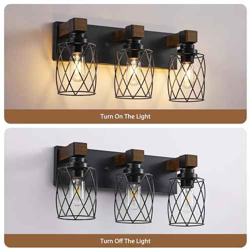 Farmhouse Bathroom Vanity Light, 3-Light Wood Bathroom Light Fixtures Over Mirror, Black Industrial Vanity Lights with Metal Shade, Rustic Bathrooms Lighting for Living Room, Bedroom, Hallway