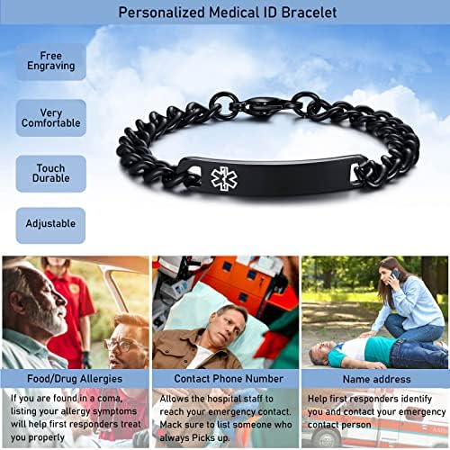 VNOX Medical Alert ID Bracelet - Mens Womens Stainless Steel ID Tag Medical Alert Emergency Bracelet,7.2/8/8.4 Inches