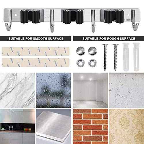 Broom Hanger Wall Mounted, 2PCS Mop and Broom Holder Wall Mount Garage Organization and Storage Stainless Steel Kitchen Tool Organizer Wall Hanger for Laundry Room Garden Garage Closet Kitchen