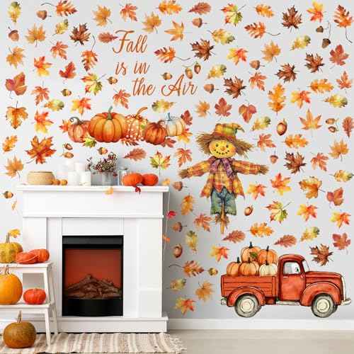 125 Pcs / 6 Sheet Thanksgiving Wall Decals Watercolor Truck Pumpkin Maple Leaves Scarecrow Wall Decals for Fall Thanksgiving Day Home Autumn Harvest Party Living School Office Party