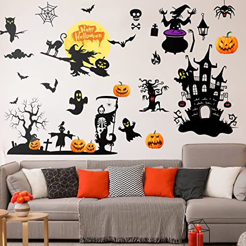 6 Sheets Halloween Wall Decals Black Bats Witch Ghost Ancient Castle Pumpkin Wall Stickers Decor Removable DIY Home Art for Halloween Party Supplies