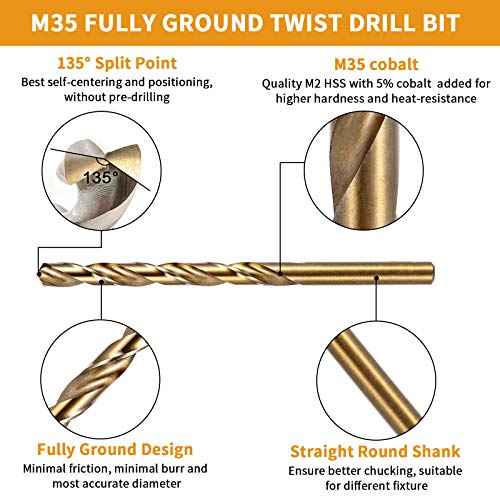 5/32 Inch Cobalt Drill Bit Set, M35 Jobber Length Twist Drill Bits,Suitable for Drilling in Hard Metal, Stainless Steel, Cast Iron,10 Pieces