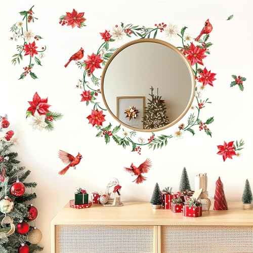 decalmile Christmas Flowers Vine Window Wall Decals Christmas Floral Red Cardinal Bird Wall Stickers Living Room Party Home Door Window Showcase Wall Decorations