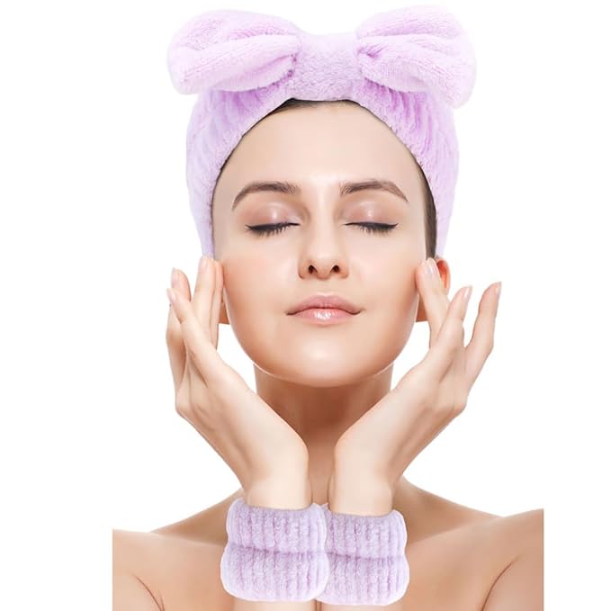 SPA Headbands for Washing Face Makeup Headbands with Bow Hair Band Women Facial Head Band Wrist Towel Wraps For Shower Face Mask Purple, 6 Pack