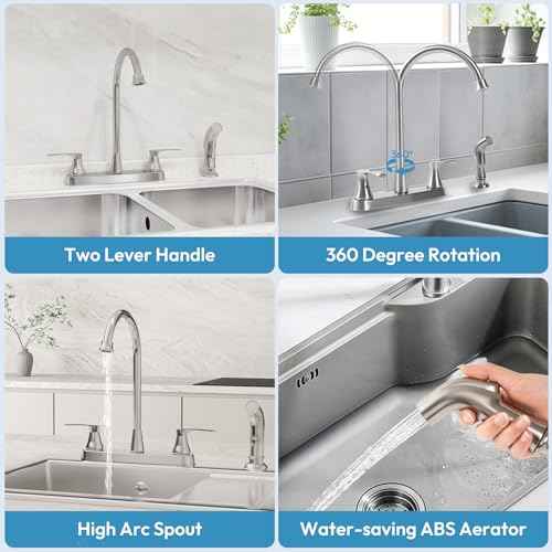 Besdor Kitchen Faucet with Side Sprayer, 2 Handle Sink Faucet, 3 or 4 Hole Kitchen Faucets with Sprayer, 304 Stainless Steel, Brushed Nickel