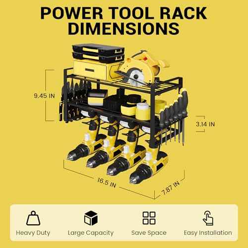 Power Tool Organizer Wall Mount, 3-Tier Heavy Duty Metal Rack Loads 180lbs with 4 Drill Holders and Side Hooks, Tool Battery Utility Rack Suitable Garage