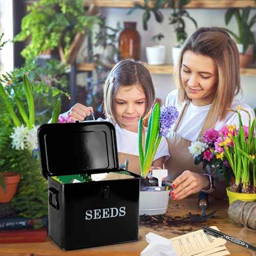 Seed Storage Organizer, T-Shape Compartment Seed Box with Safety Lock, Metal Seed Saving Box, Portable Seed Bin Container with Handle, Including 2 Pens 20 Plant Labels 50 Seed Envelopes-Black