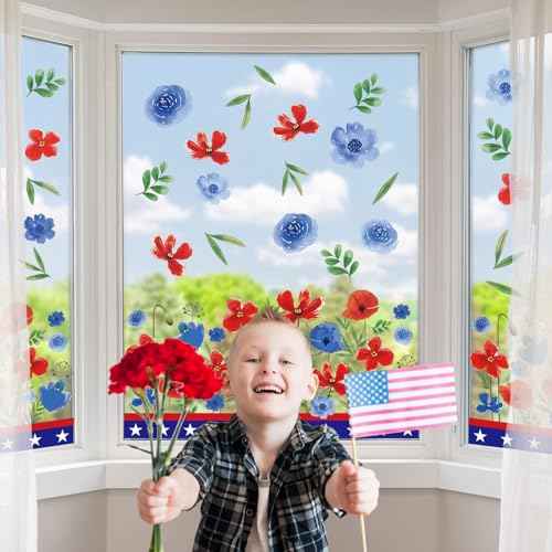 Chunnin 9 Sheets 4th of July Window Clings Summer Patriotic Floral Window Decoration Party Supplies Wild Flower Stickers Independence Day Fourth of July Red Blue Memorial Day Poppy Double Sided Decal