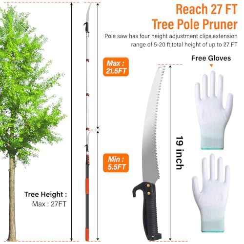 Manual Pole Saws for Tree Trimming,Reach 26 FT Telescoping Pole Saws with Long Pole,Tree Saw with 19" 3X Detachable Saw,Non-Slip Handle and Gloves,Tree Trimmer for Yard Garden Tree Palm Shrub