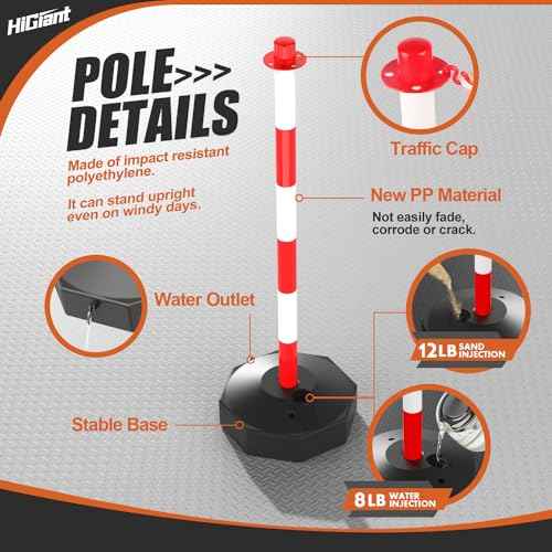 HiGiant 2 Pack Portable Delineator Post Cones with Fillable Base, Expandable Traffic Safety Barriers, 8Ft Chain Stanchion for Parking and Construction [Red/White]