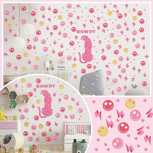 Kisston 9 Sheets Preppy Pink Wall Decal Hot Aesthetic Howdy Smile Face Lightning Vinyl Wall Decals Pink Cheetah Murals Decal for College Students Girls Dorm Bedroom Living Room Nursery Decoration