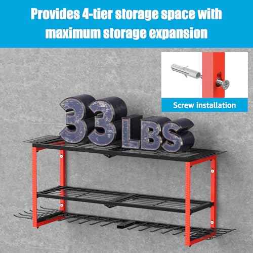 CCCEI Power Tool Organizer Wall Mount, Large 3 Layer Garage Storage Shelves and Organization, Heavy Duty Metal Drill, Battery, Tools Box Holder Rack, Gifts for Men, Red.