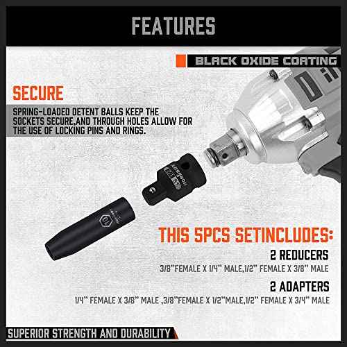 HORUSDY 5-Piece Impact Socket Adapter and Reducer Set, 1/4-Inch Hex Shank Socket to Drill Adapter 1/4", 3/8", and 1/2" Impact Driver Adapter for Power Drill & Impact Driver