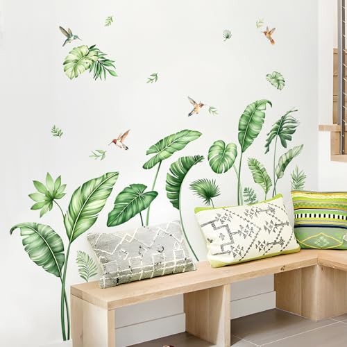 Large Palm Leaves Wall Decals, Tropical Plants Wall Stickers Boho Green Peel and Stick Wall Decal Self Adhesive Wall Art Sticker for Aisle Bedroom Office Sofa Backdrop Home Decor