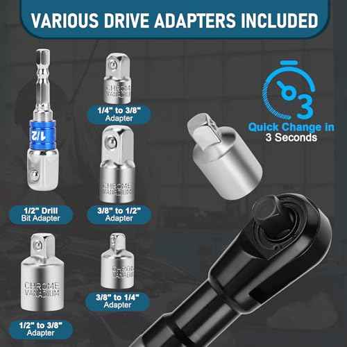 1/2 Inch Drive Impact Offset Wrench Set with 4 Socket Adapters, Universal Tool for Tight Spaces, Impact Ready Bar for Electric Ratchet Wrench, Compatible with Torque and Drill Use