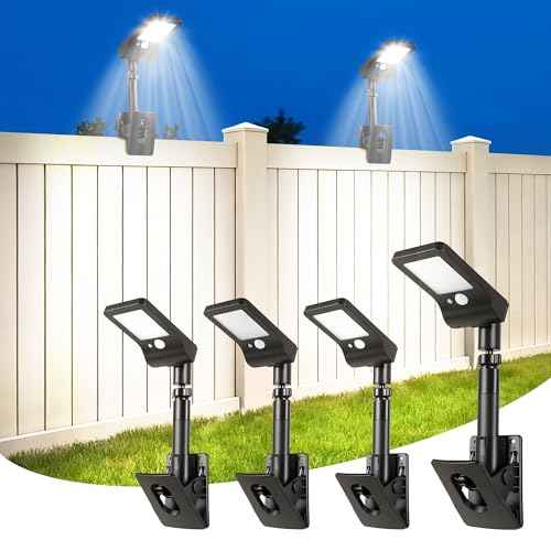 1-Second Install Solar Fence Lights, 360¡Æ Adjustable Clip on Solar Lights for Fence, 60 LEDs 600LM Motion Sensor Security Light for Fence, Yard, Deck, Camping(4 Pack)
