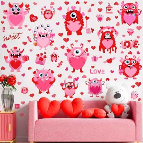 Haull 89 Pcs Valentine's Day Wall Decals Monster Stickers Valentines Day Window Clings Valentine Heart Wall Decoration for Wedding Anniversary Living Room Bedroom Decoration, 6 Sheets