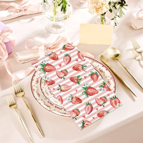 100PCS Strawberry Paper Napkins 3 Ply Disposable Hand Towels for Bathroom Summer Red Berry Guest Napkins Decorative Strawberry Striped Dinner Napkins for Berry Sweet Baby Shower Birthday Party