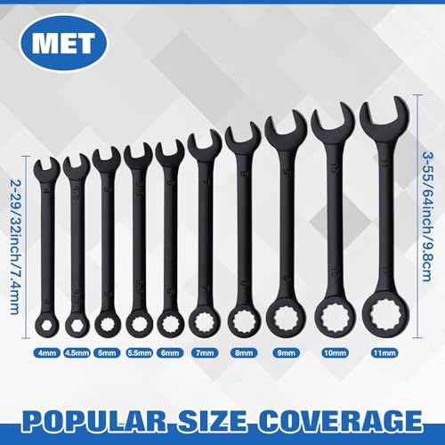 10PCS Mini Wrench Set Standard Metric 4mm-11mm Ignition Wrenches Open End and Box End Combination Wrench Set with Portable Pouch and Key Rings, Black Electrophoretic Coating