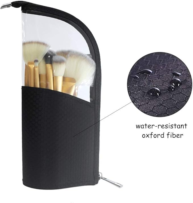 Black Travel Makeup Brush Holder 2-Pack, Organizer Bag Clear Plastic Cosmetic Zipper Pouch Portable Waterproof Dust-Free Stand-Up Small Toiletry Stationery Bag with Divider