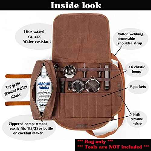 Bartender tool bag waxed canvas water resistant adjustable shoulder straps genuine leather handles 16 pockets holds 33oz bottle mobile travel design - Bag ONLY