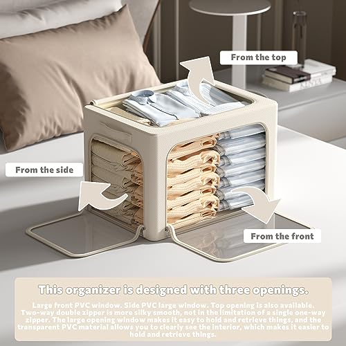 3Pack Clothes Storage Bins - Oxford Frame Storage Box Foldable Stackable Storage Organizer with 3 Openings Design, Metal Frame, Clear Window, Carry Handles (36L-15.7 * 11.8 * 11.8in, Beige)
