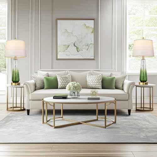 Glass Table Lamps for Living Room, Modern Bedside Lamps with USB A+C Ports, 3-Way Dimmable Touch Control Nightstand Lamp with White Linen Shade, 27.5" Large Lamps for Bedrooms Decor, Green, 1 Pack