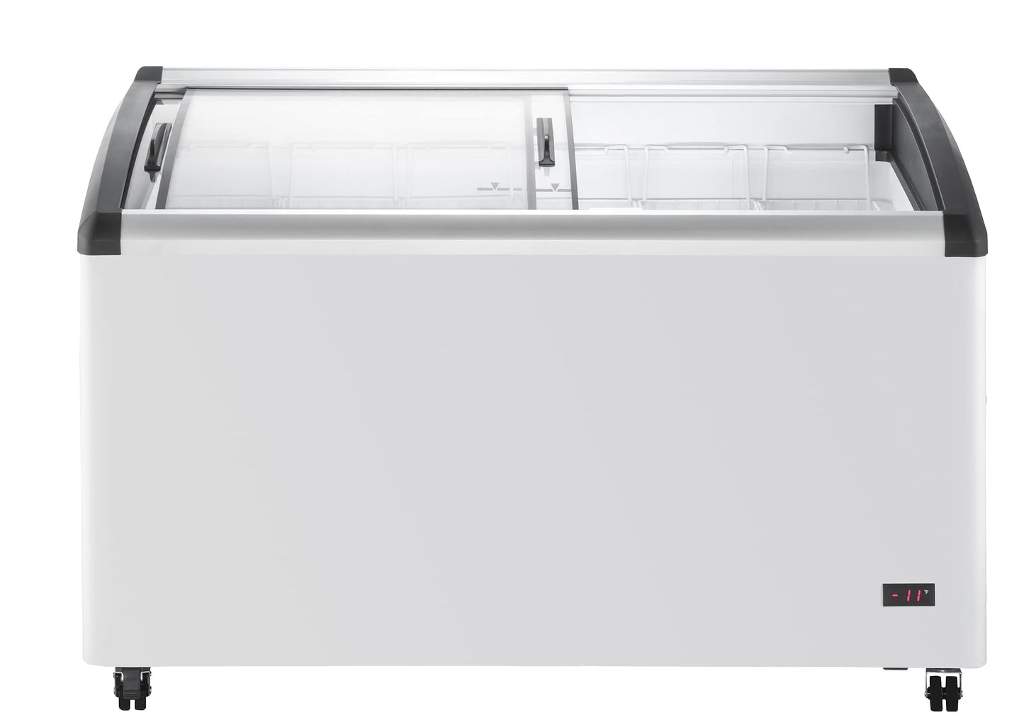 Duura Commercial Mobile Ice Cream Display Chest Freezer Sub Zero Temp Curved Glass Top Frost Free Lid with 6 Wire Baskets, 53.2 Inch Wide 15.2 Cubic Feet, White
