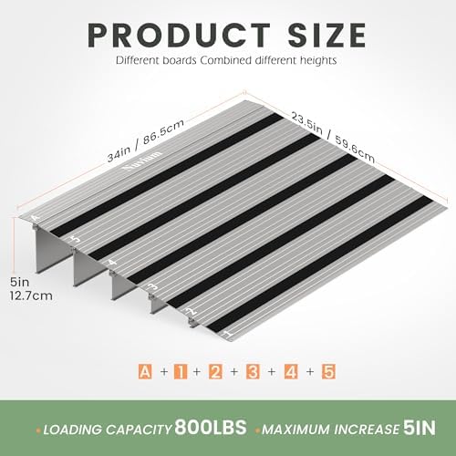 5" Rise Door Threshold Ramp with Updated Fixable Screws, Stable Portable Wheelchair Ramp for Home Steps, Aluminum Door Entry Ramps for Scooters, Power Chairs, Walkers, 800LBS Load Capacity