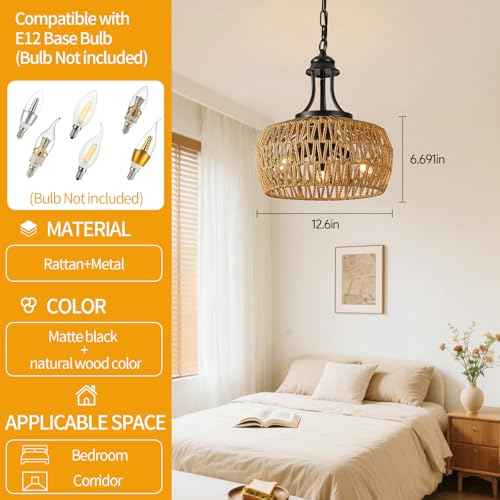 Chandeliers for Dining Room, 3-Light Boho Chandelier with Wicker Lampshade, Adjustable Height Coastal Chandeliers, Vintage Pendant Lighting for Kitchen, Bedroom.(Brown)