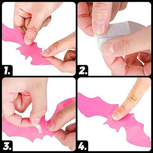 Whaline 112Pcs Halloween Wall Decoration 3D Bats with Foam Adhesive Pink and Rose Red Waterproof Spooky Bats Stickers Hocus Pocus Party Supplies for Halloween Home Wall Window Door Decor, 4 Sizes