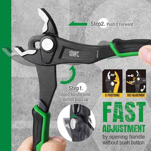 SK 8-Inch Adjustable Slip Joint Pliers, Premium CR-V Construction, SureGrip V-Jaw Design with Comfortable Grips
