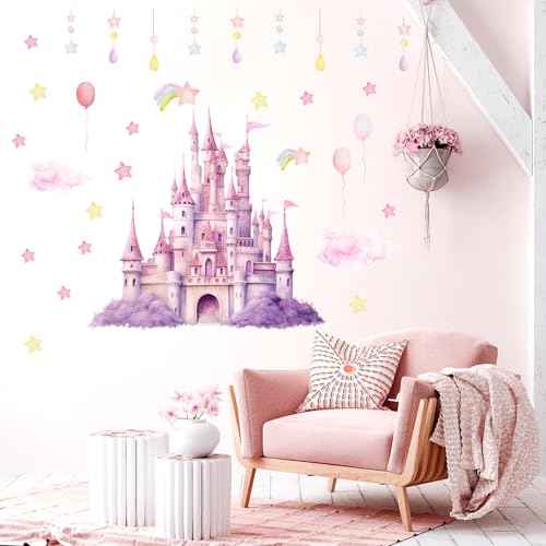 2 Sheets Princess Wall Decals, Pink Purple Princess Wall Stickers for Girls Room Large Peel and Stick Castle Mural Art Fairy Tale Stars Clouds Removable Wallpaper for Kids Nursery Bedroom