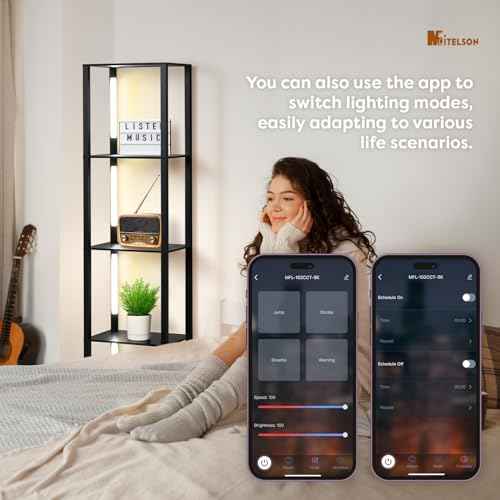 LED Floor Lamp with Shelves, Shelf Lamp with Remote for Bedroom and Living Room, Corner Display Floor Lamps with Storage, Modern Dimmable Floor Lamp with 5-Tier Open Shelve (Black)