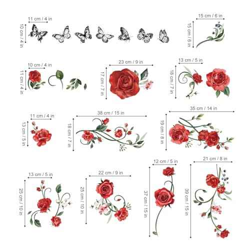 decalmile Red Rose Vine Wall Decals Flowers Butterfly Leaves Wall Stickers Bedroom Living Room Kitchen Wall Decor