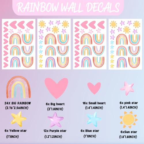 Rainbow 72pcs Wallpaper Wall Decals, Hearts, Suns, Stars, Watercolor Art for Girls, Nursery, Bedroom, Living Room, Toddler, Party Decals