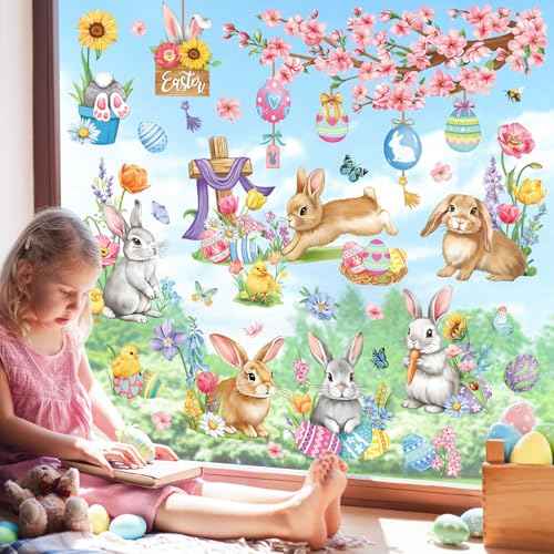 decalmile Spring Easter Window Clings Bunny Rabbit Eggs Window Decals Anti-Collision Glass Window Doors Flower Tree Branch Window Stickers
