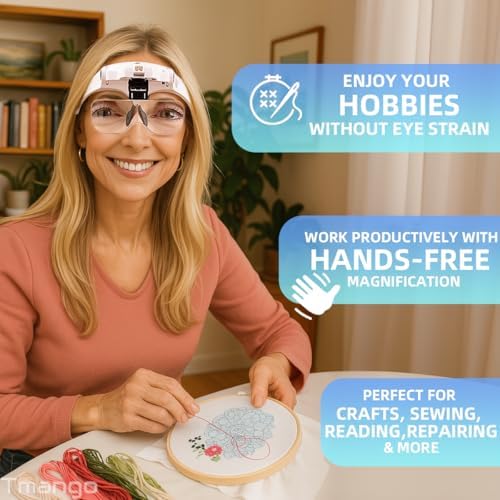 Rechargeable Lighted Headband Magnifier – Hands-Free Magnifying Tool for Jewelry, Eyelash Extensions, Watch Repair, Cross Stitch and Crafts