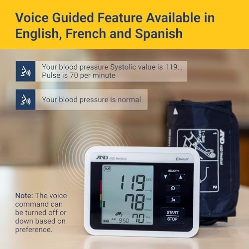 A&D Medical Voice-Guided Blood Pressure Monitor for Home Use with Bluetooth, UA-1040TBLE - Wide Range Cuff (8.6-16.5" / 22-42cm) Ideal for Visually Impaired - 3 Language Selections, Accessible