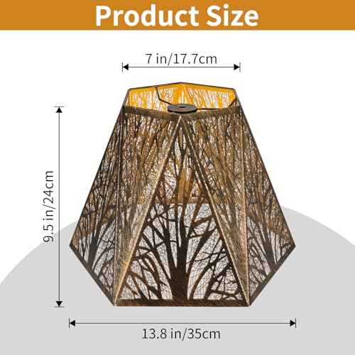 Etched Metal Lampshade, Hexagonal Lamp Shade with Antique Bronze Exterior&Gold-plated Interior, 7" Top x 13.8" Bottom x 9.5" Height, Spider Fitter